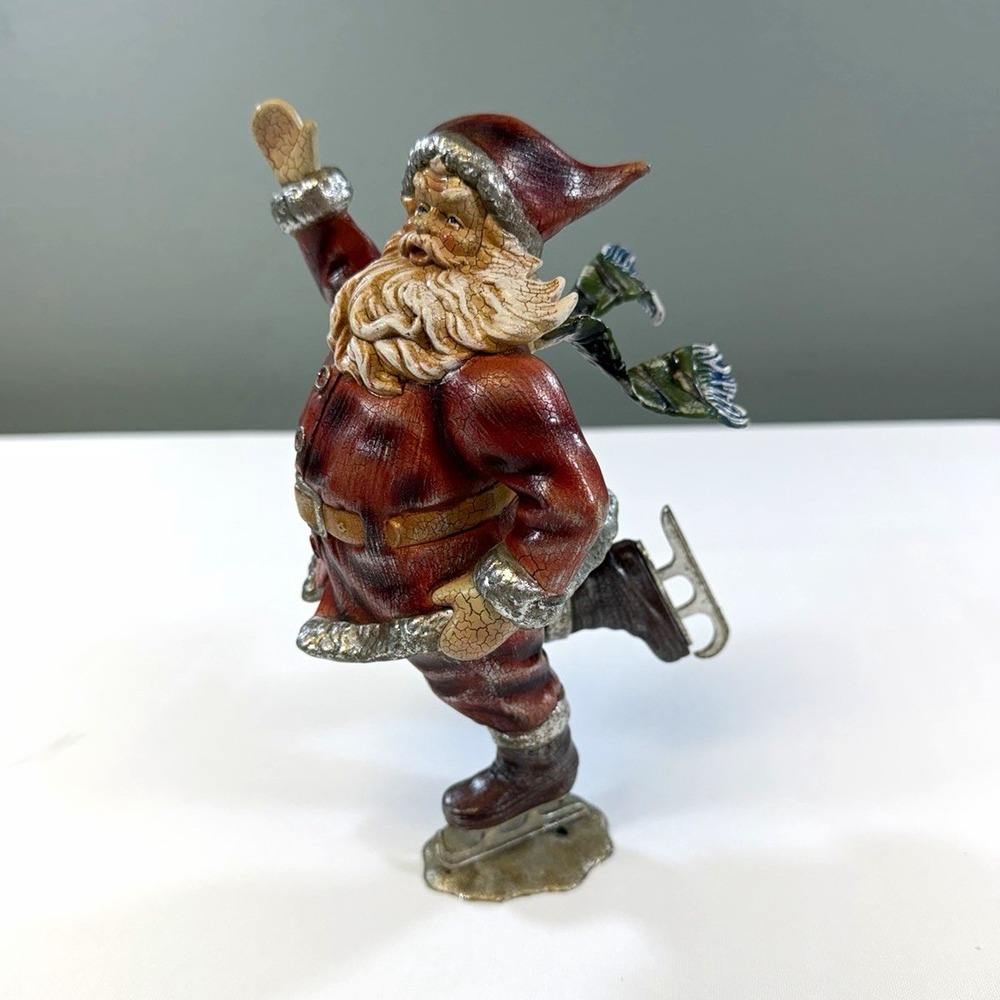 Vintage Old World Santa Ice Skating Figurine 8.5" Heavy Metal Base Christmas